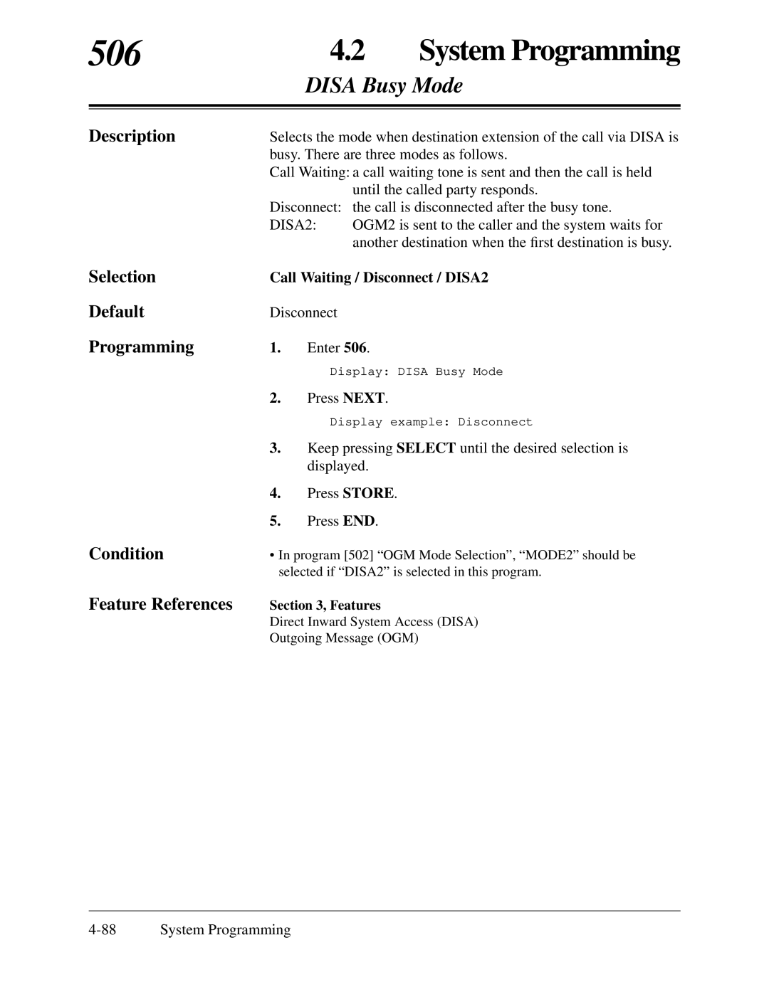 Panasonic KX-TA624 installation manual 506, Disa Busy Mode, Call Waiting / Disconnect / DISA2 