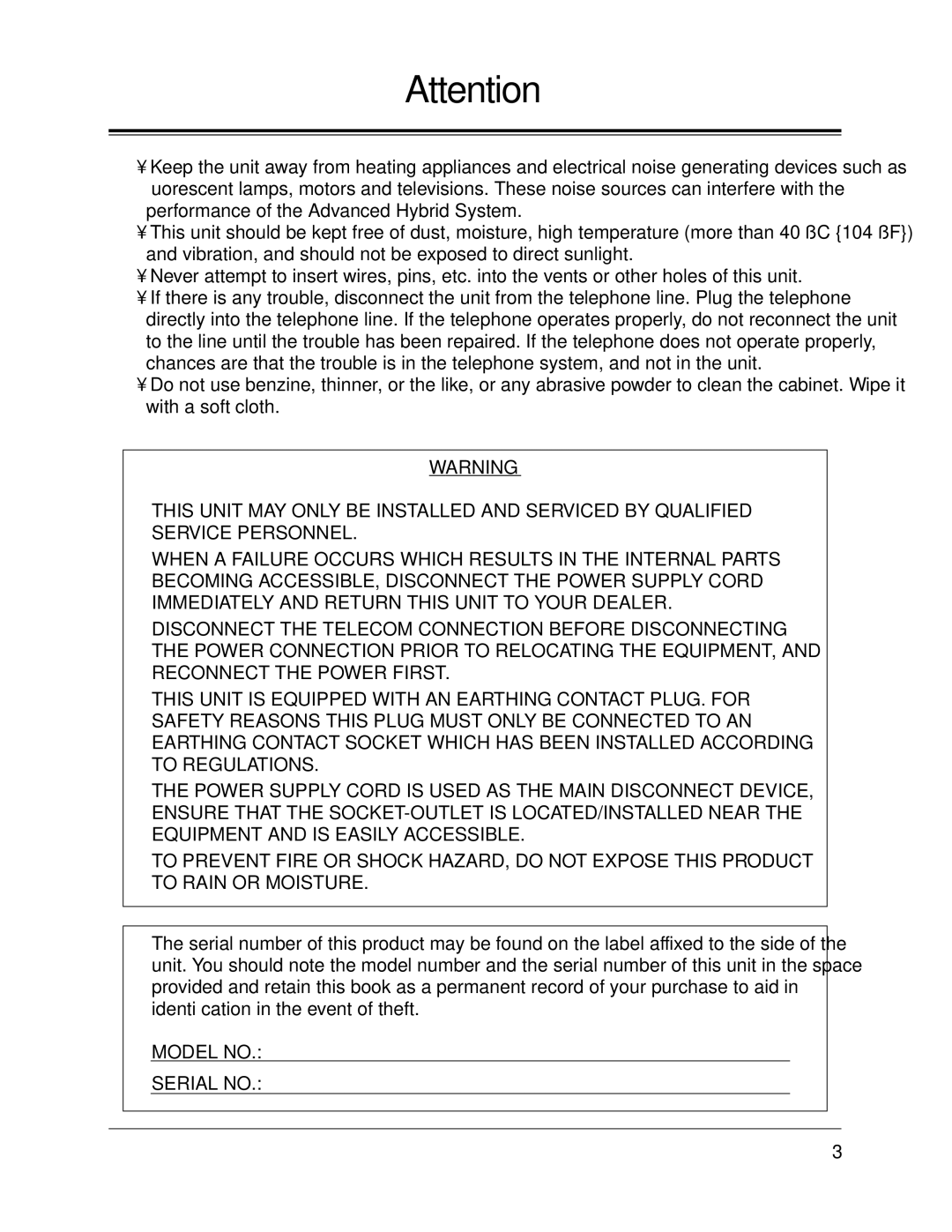 Panasonic KX-TA624 installation manual Model no Serial no 