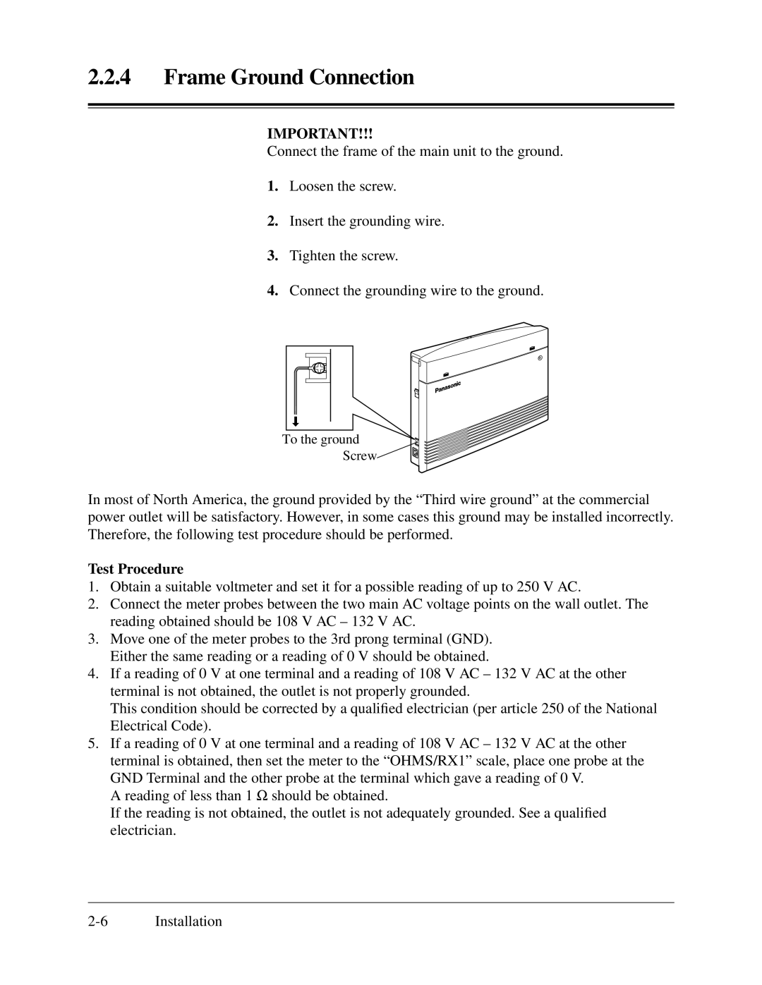 Panasonic KX-TA624 installation manual Frame Ground Connection, Test Procedure 