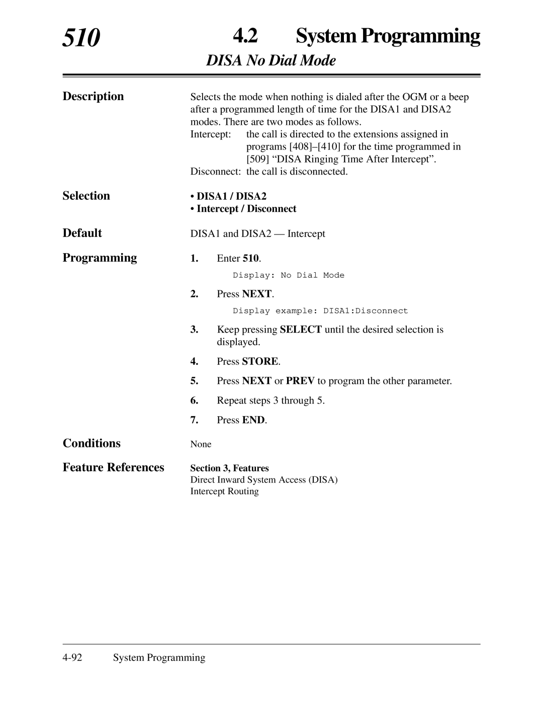 Panasonic KX-TA624 installation manual 510, Disa No Dial Mode, Intercept / Disconnect 