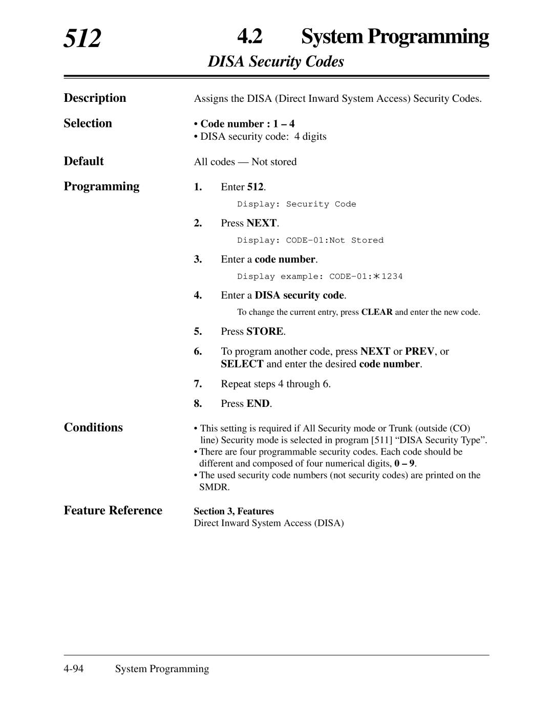 Panasonic KX-TA624 installation manual 512, Disa Security Codes, Code number 1, Enter a Disa security code 