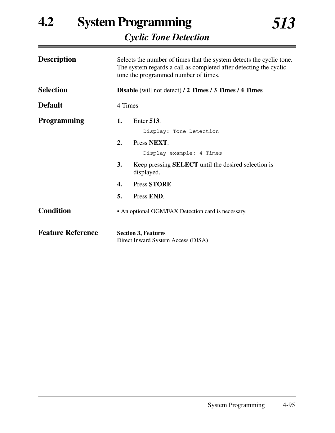 Panasonic KX-TA624 installation manual 513, Cyclic Tone Detection, Disable will not detect / 2 Times / 3 Times / 4 Times 