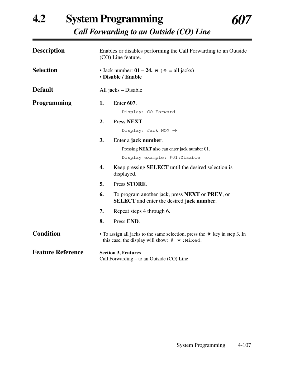 Panasonic KX-TA624 installation manual 607, Call Forwarding to an Outside CO Line 