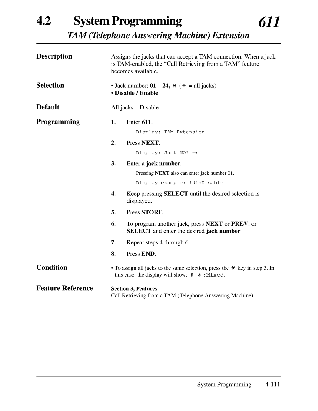 Panasonic KX-TA624 installation manual 611, TAM Telephone Answering Machine Extension 