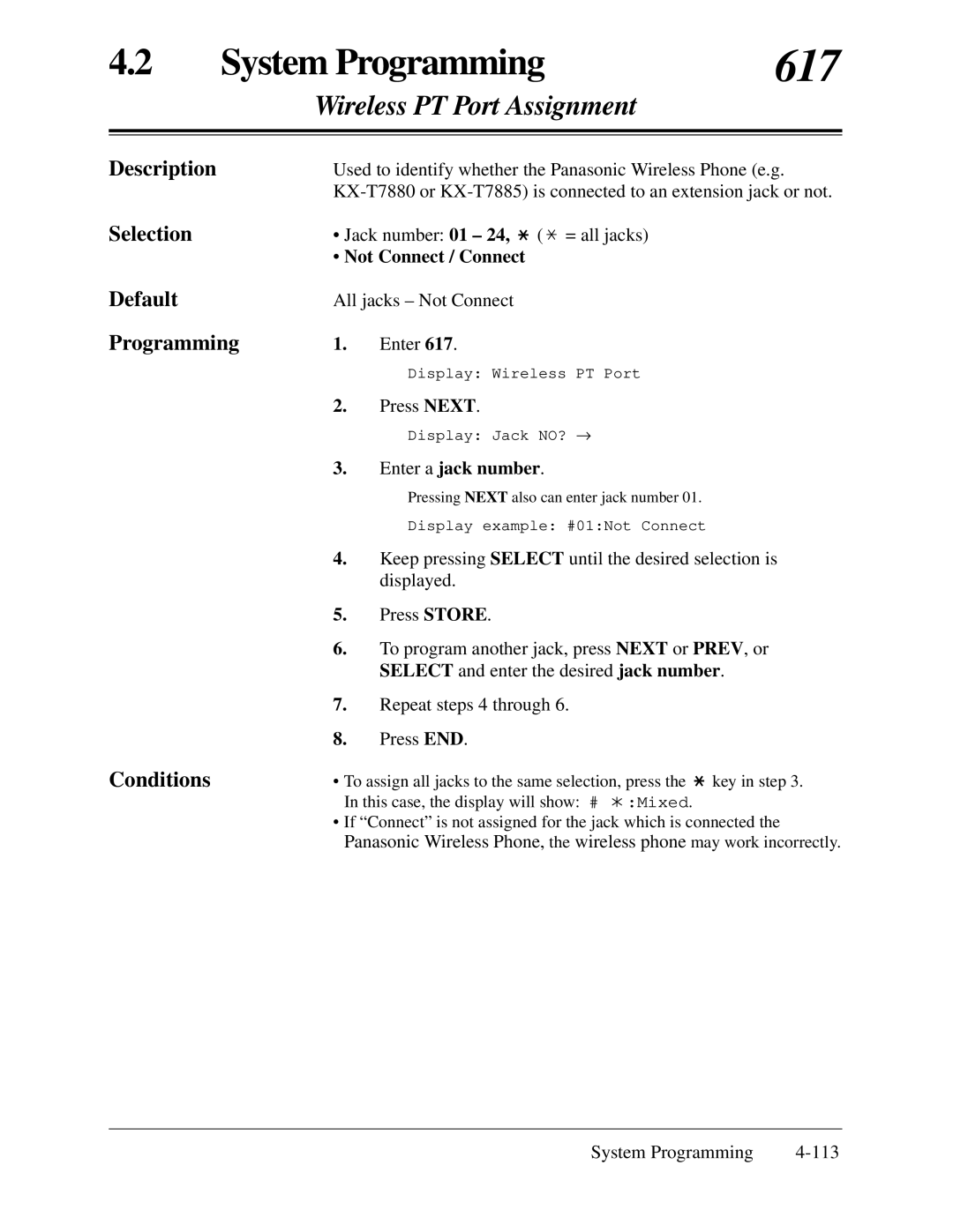 Panasonic KX-TA624 installation manual 617, Wireless PT Port Assignment, Not Connect / Connect 