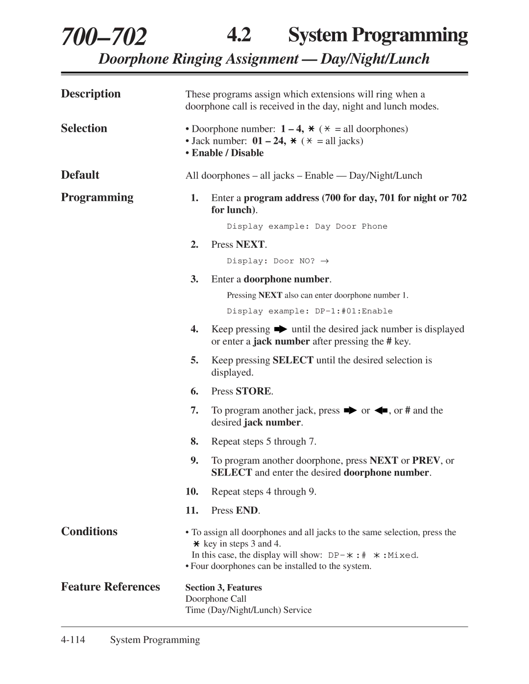 Panasonic KX-TA624 installation manual 700-702, Doorphone Ringing Assignment Day/Night/Lunch, Enter a doorphone number 