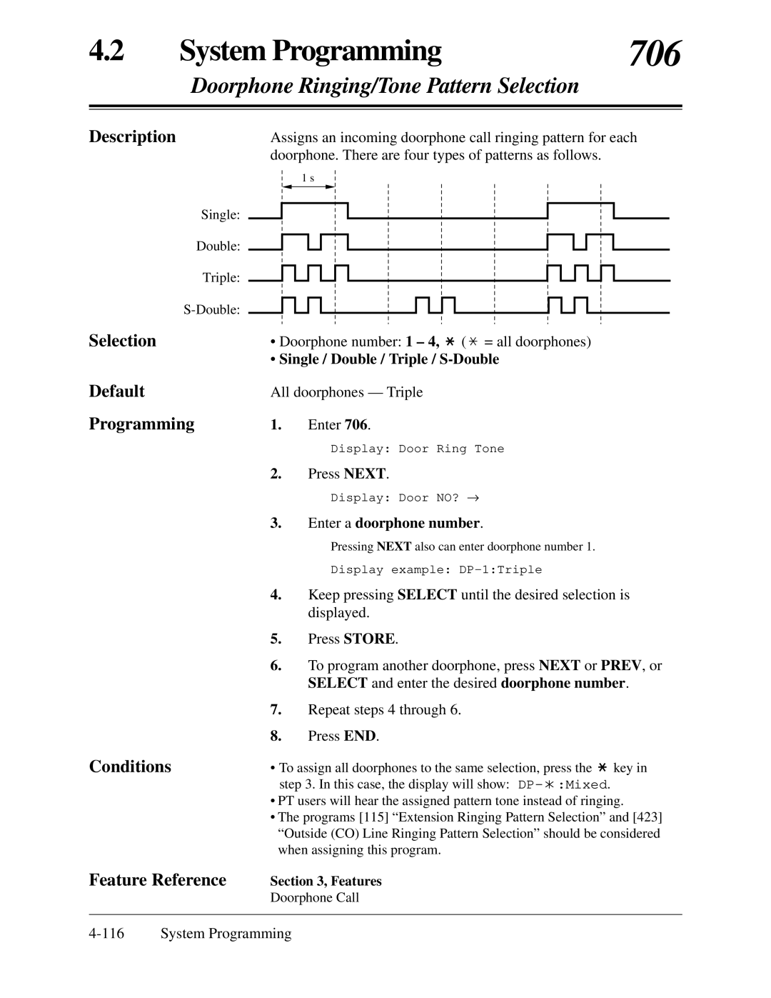 Panasonic KX-TA624 installation manual 706, Doorphone Ringing/Tone Pattern Selection, Single / Double / Triple / S-Double 