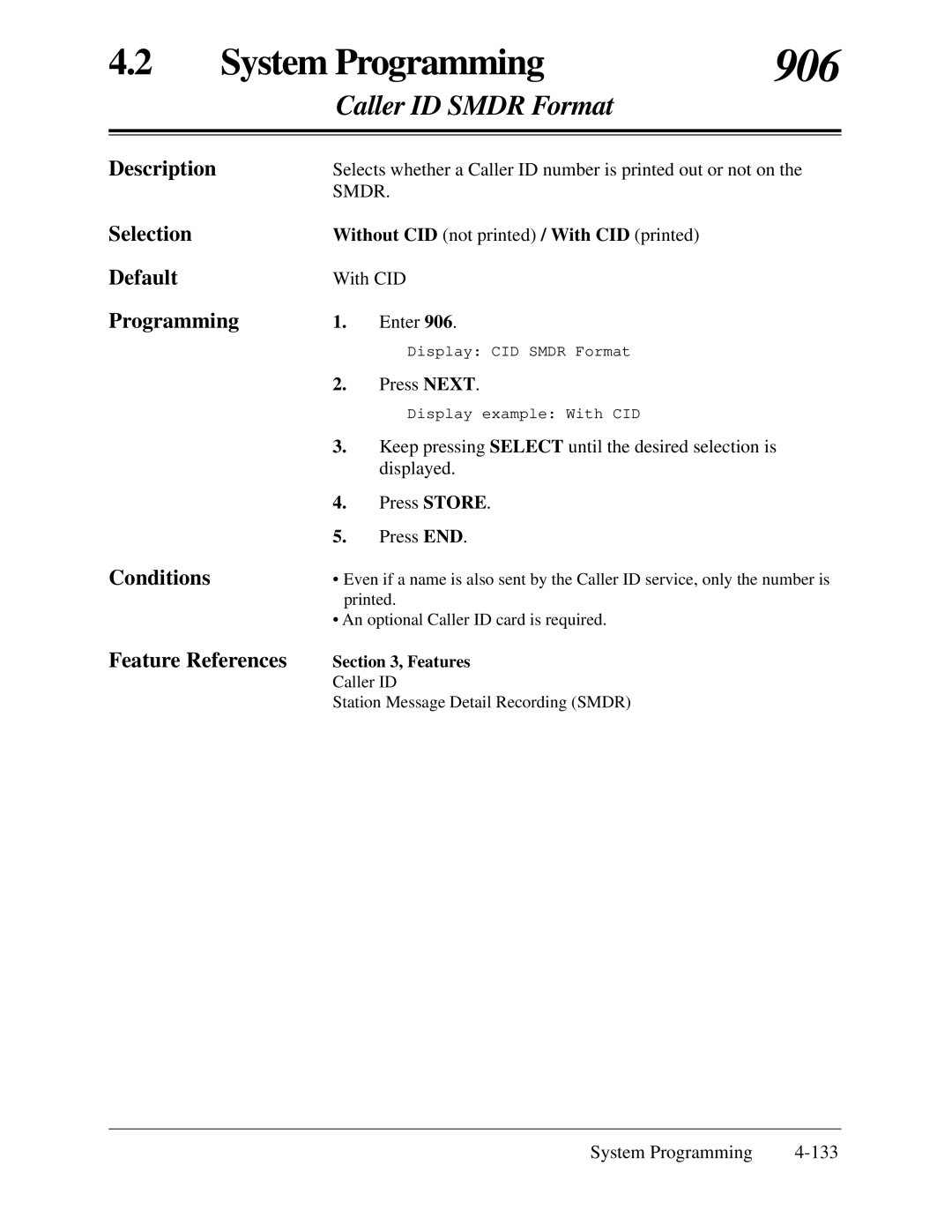 Panasonic KX-TA624 installation manual 906, Caller ID Smdr Format, Without CID not printed / With CID printed 