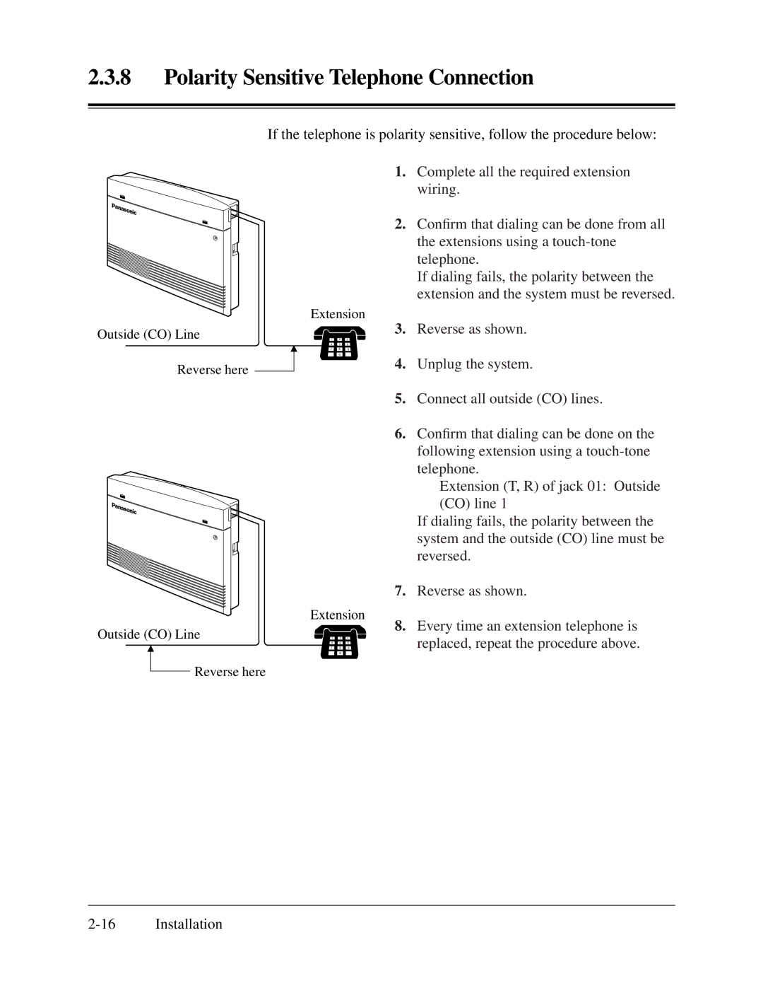 Panasonic KX-TA624 installation manual Polarity Sensitive Telephone Connection 