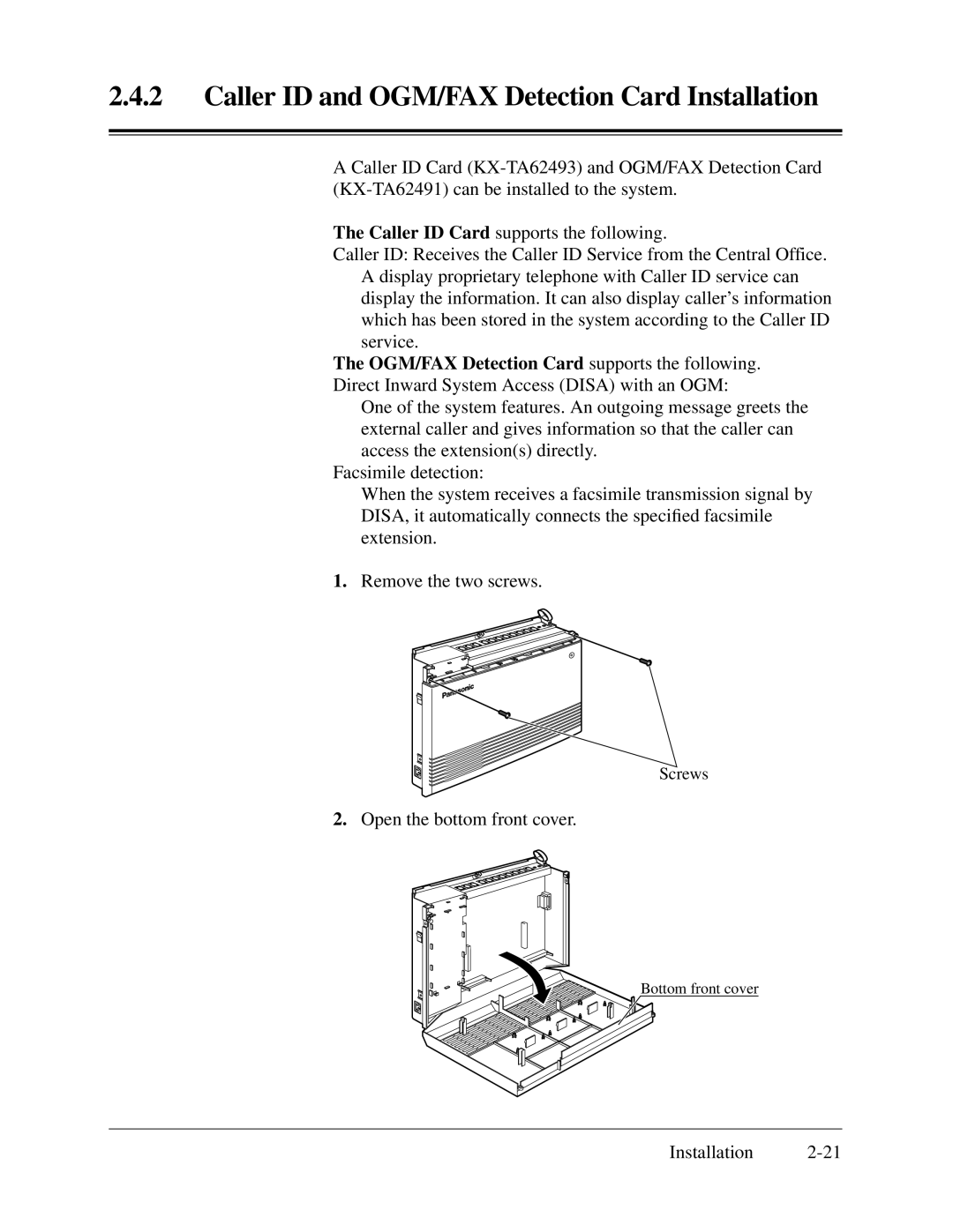 Panasonic KX-TA624 installation manual Caller ID and OGM/FAX Detection Card Installation 