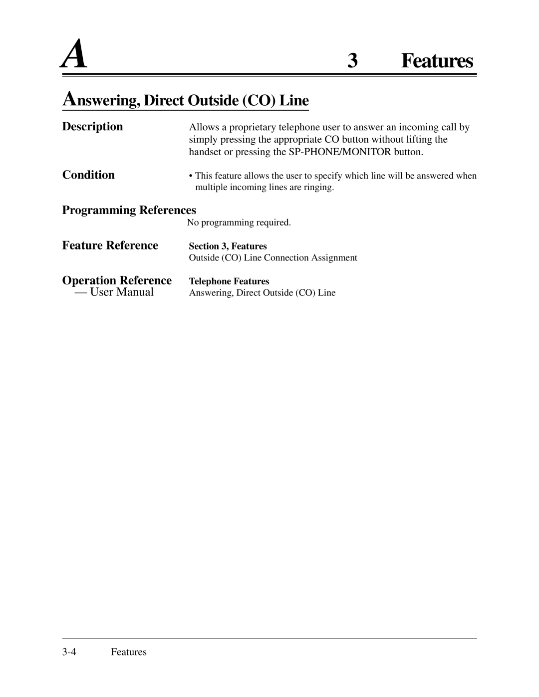 Panasonic KX-TA624 installation manual Answering, Direct Outside CO Line, Feature Reference Operation Reference 