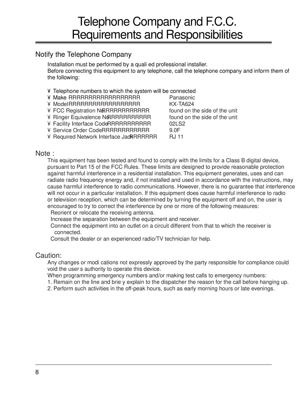 Panasonic KX-TA624 installation manual Notify the Telephone Company 