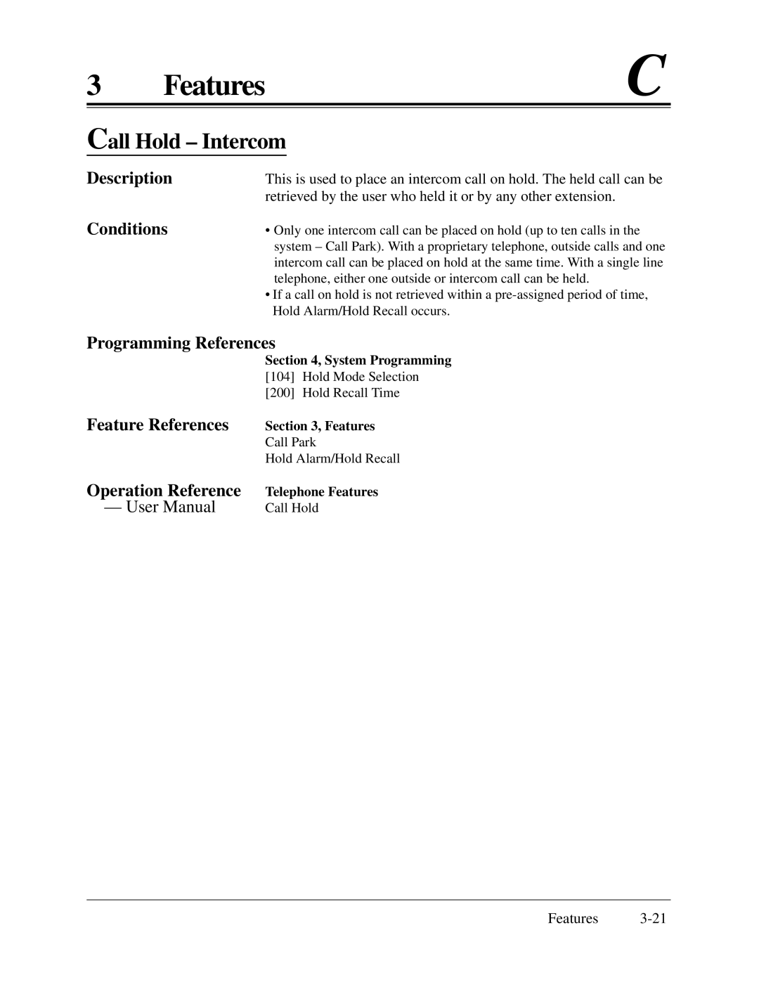 Panasonic KX-TA624 installation manual Call Hold Intercom, Programming References Feature References 