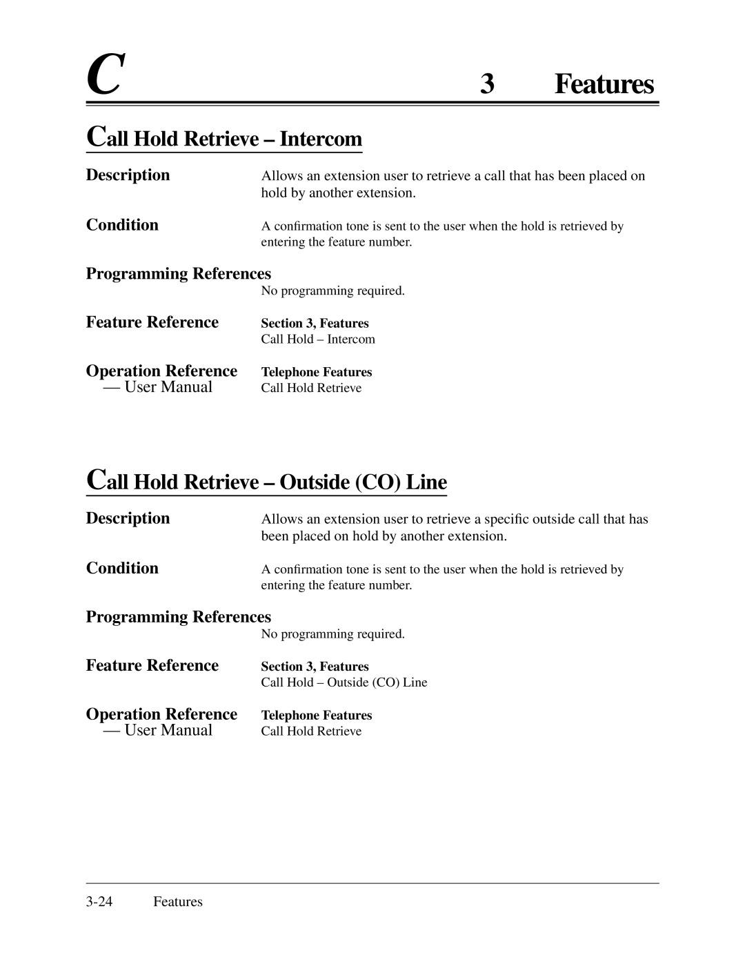 Panasonic KX-TA624 installation manual Call Hold Retrieve Intercom, Call Hold Retrieve Outside CO Line 