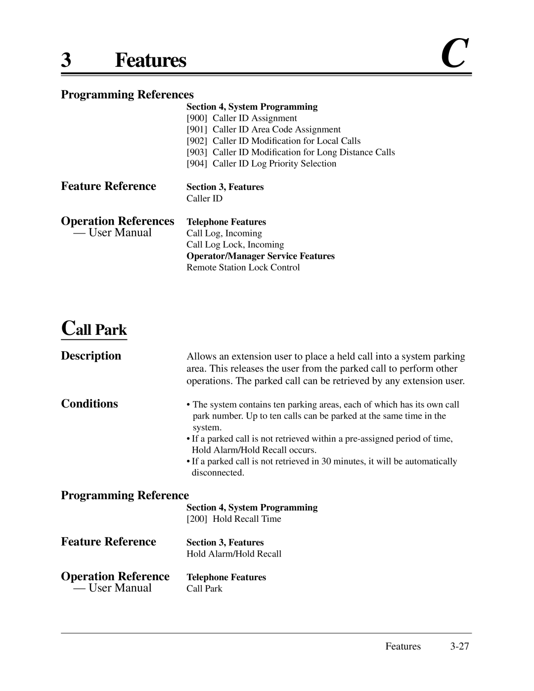 Panasonic KX-TA624 installation manual Call Park, Programming Reference Feature Reference Operation Reference 