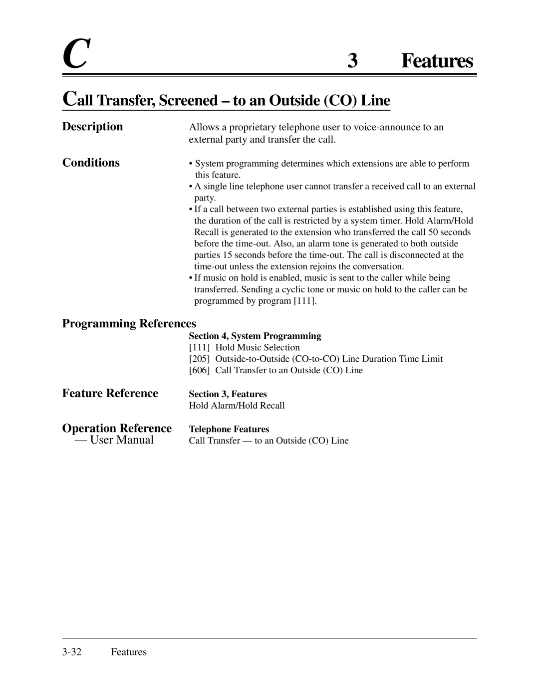 Panasonic KX-TA624 installation manual Call Transfer, Screened to an Outside CO Line, Conditions 