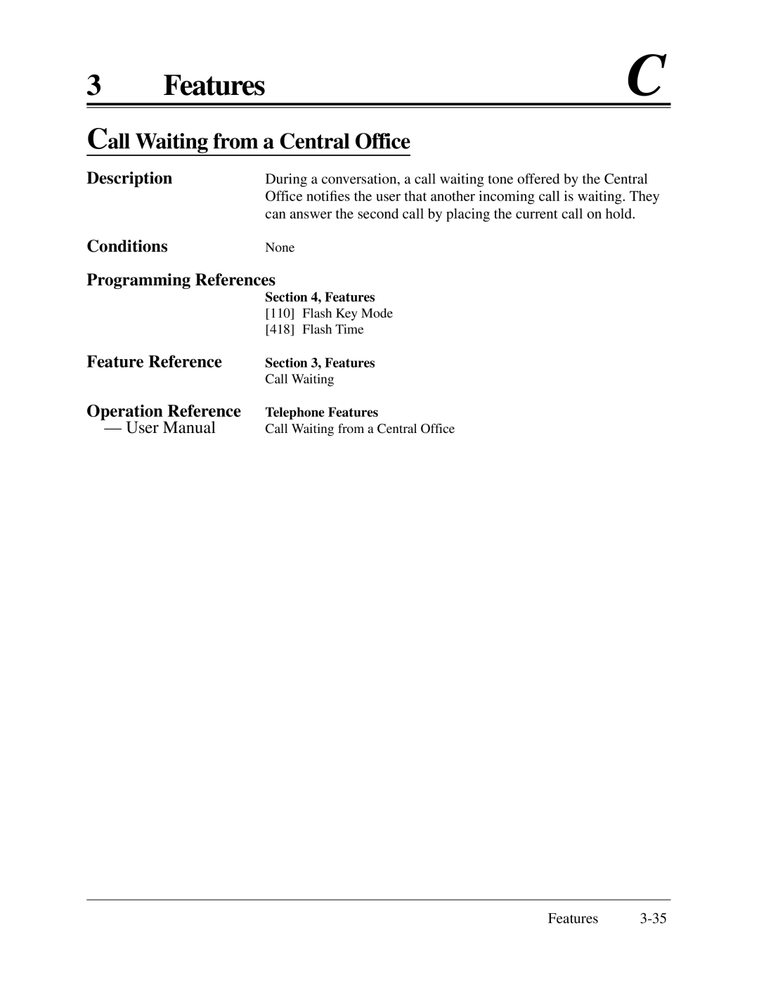 Panasonic KX-TA624 installation manual Call Waiting from a Central Office 