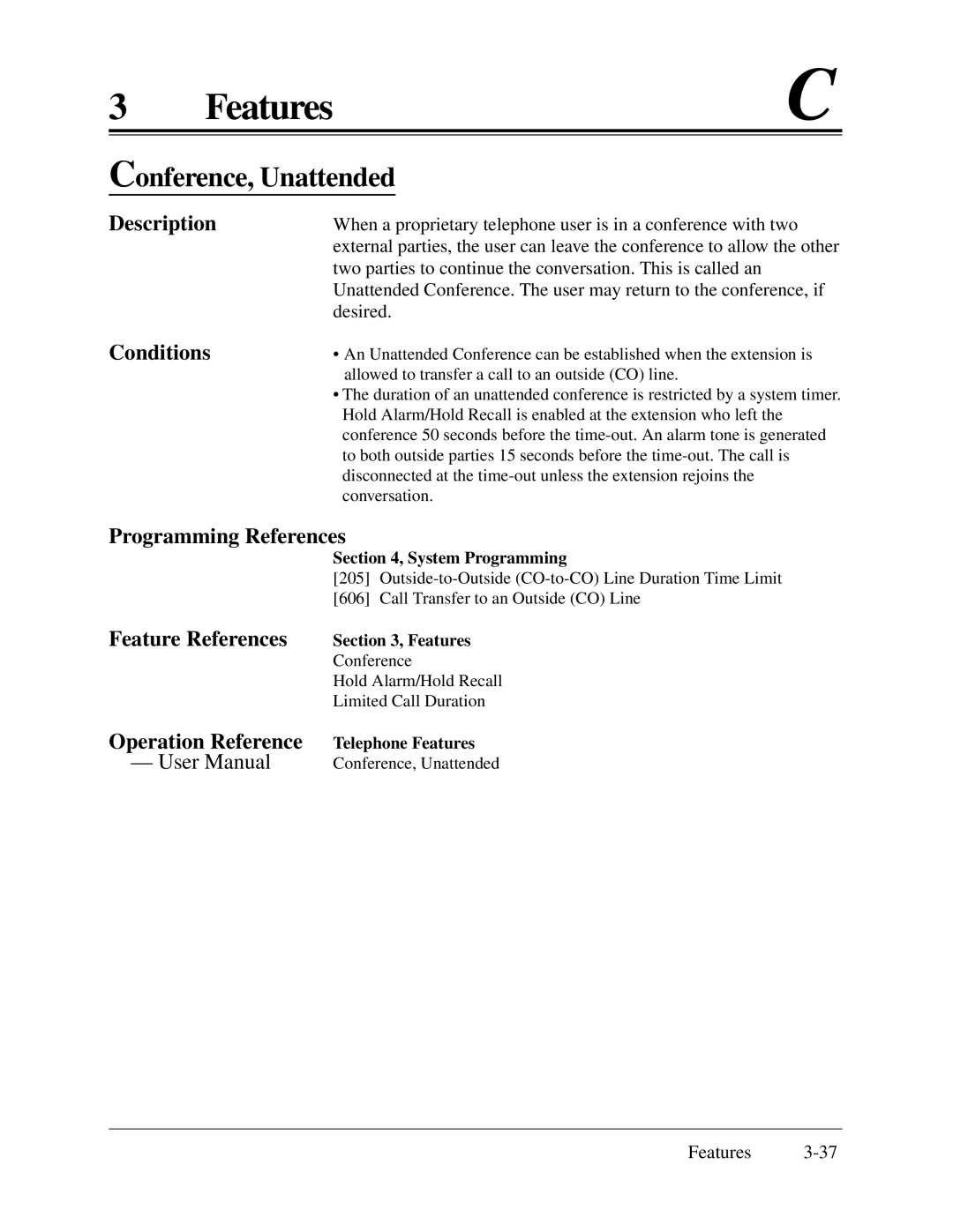 Panasonic KX-TA624 installation manual Conference, Unattended, Programming References Feature References 