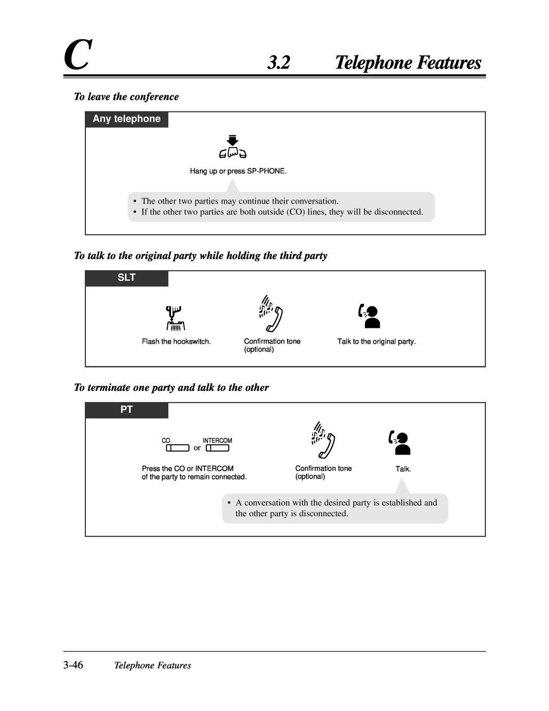 Panasonic KX-TA624 user manual To leave the conference, To terminate one party and talk to the other, 3.2Telephone Features 