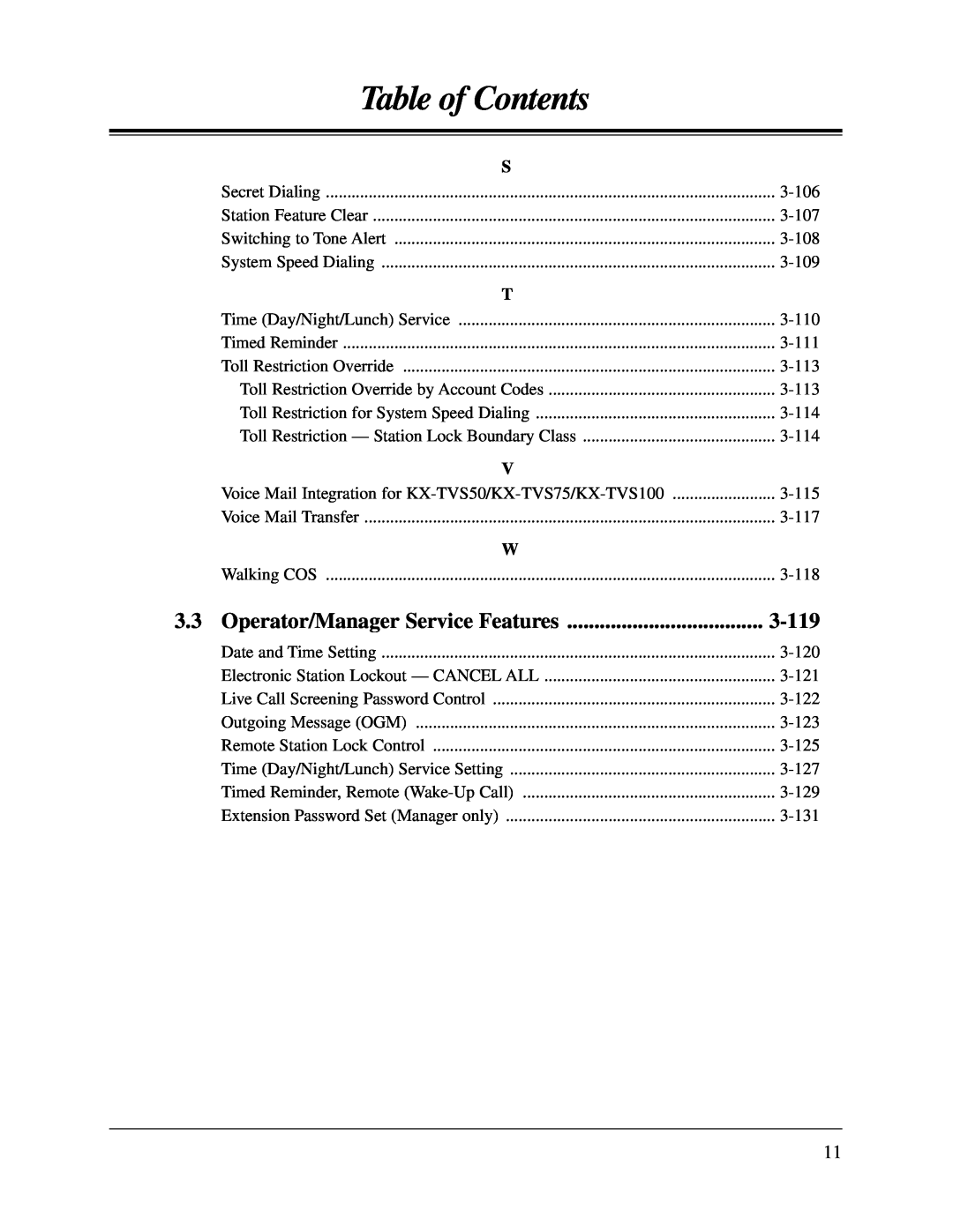 Panasonic KX-TA624 user manual Operator/Manager Service Features, 3-119, Table of Contents 