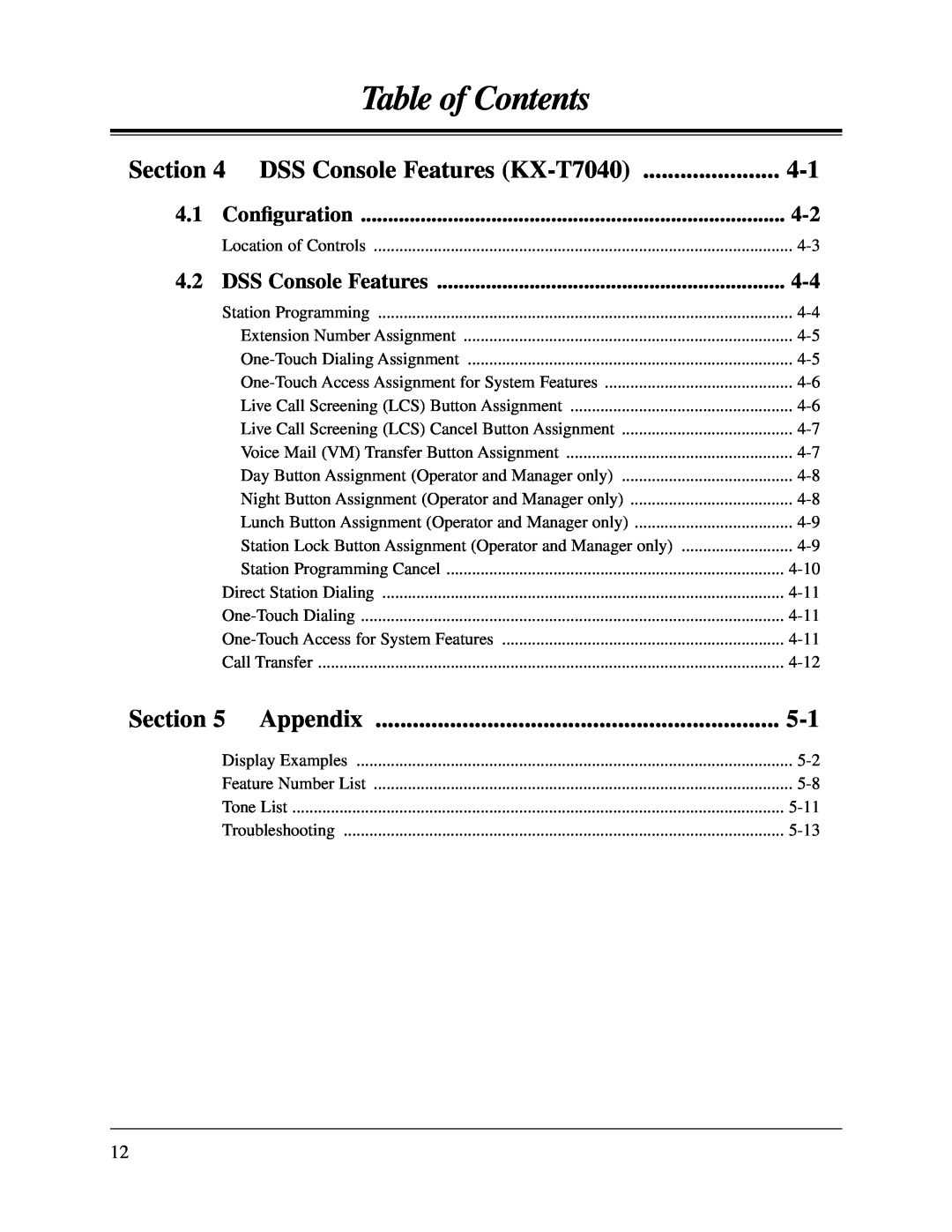 Panasonic KX-TA624 user manual DSS Console Features KX-T7040, Appendix, Conﬁguration, Table of Contents, Section 