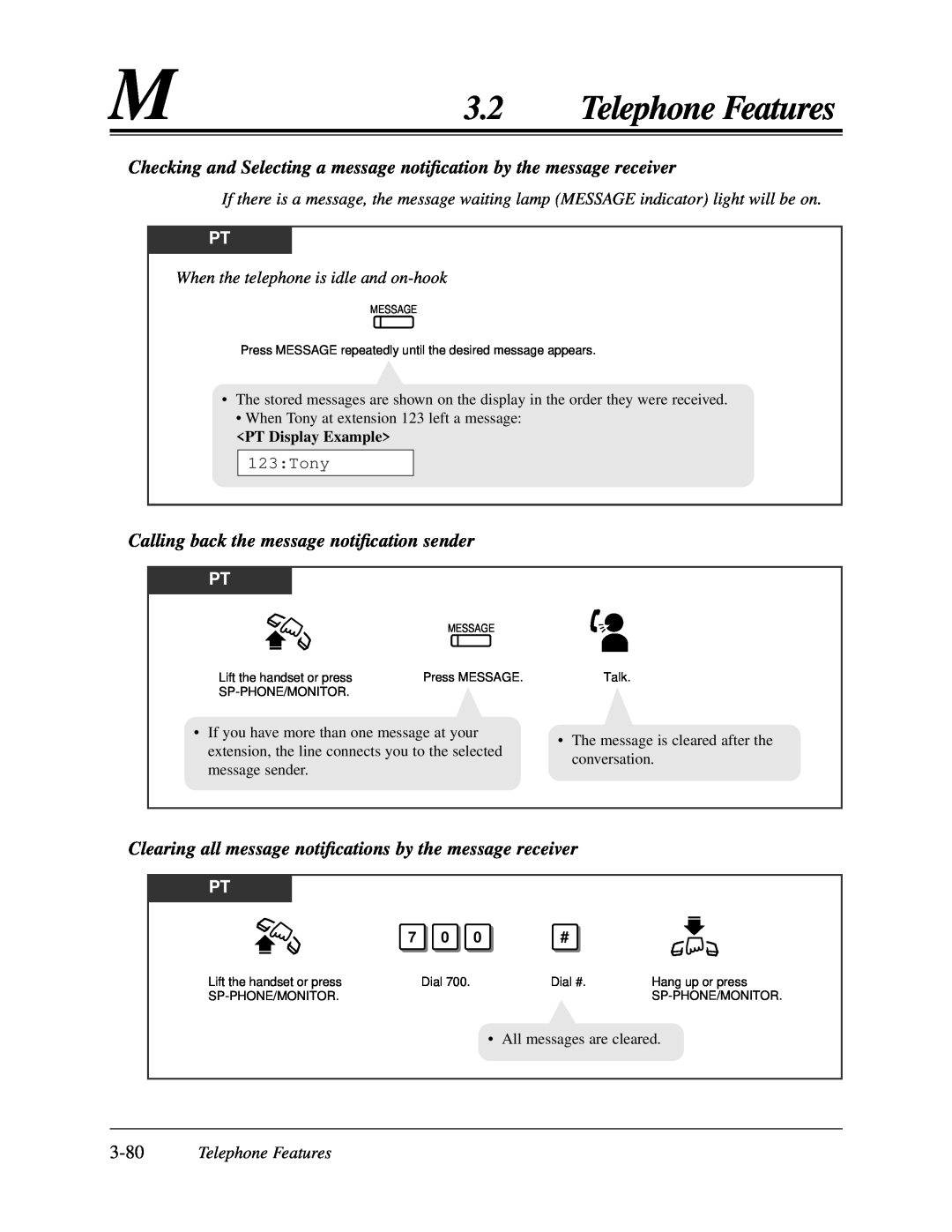 Panasonic KX-TA624 user manual Calling back the message notiﬁcation sender, 3.2Telephone Features 