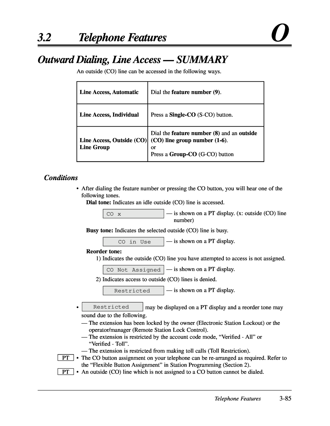 Panasonic KX-TA624 user manual Outward Dialing, Line Access — SUMMARY, 3-85, Telephone Features, Conditions 