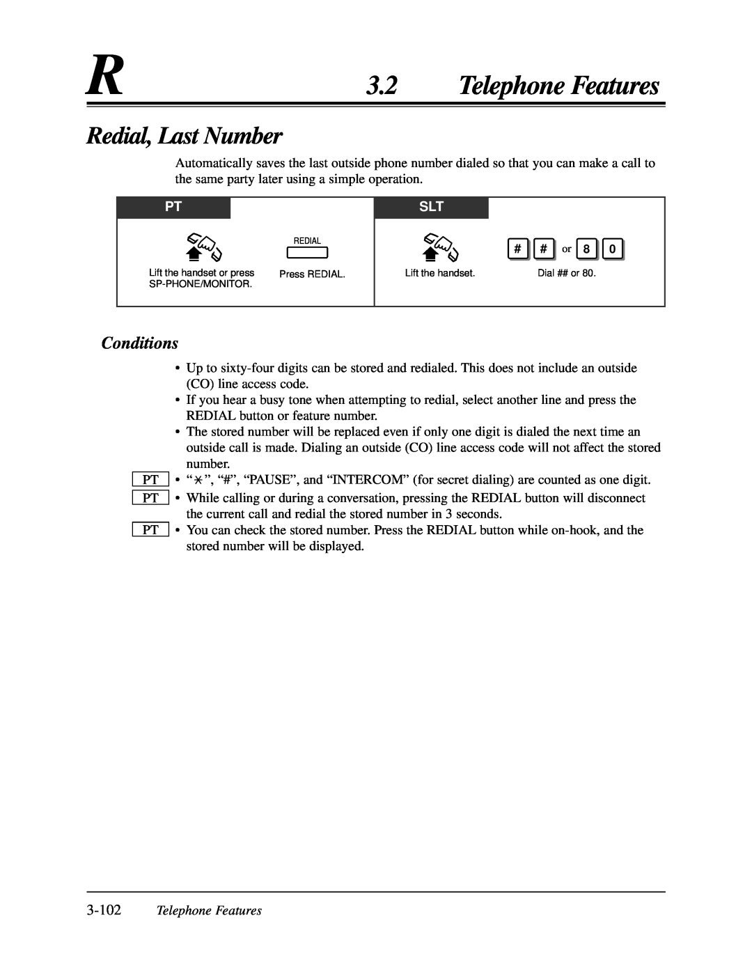 Panasonic KX-TA624 user manual Redial, Last Number, 3.2Telephone Features, Conditions 