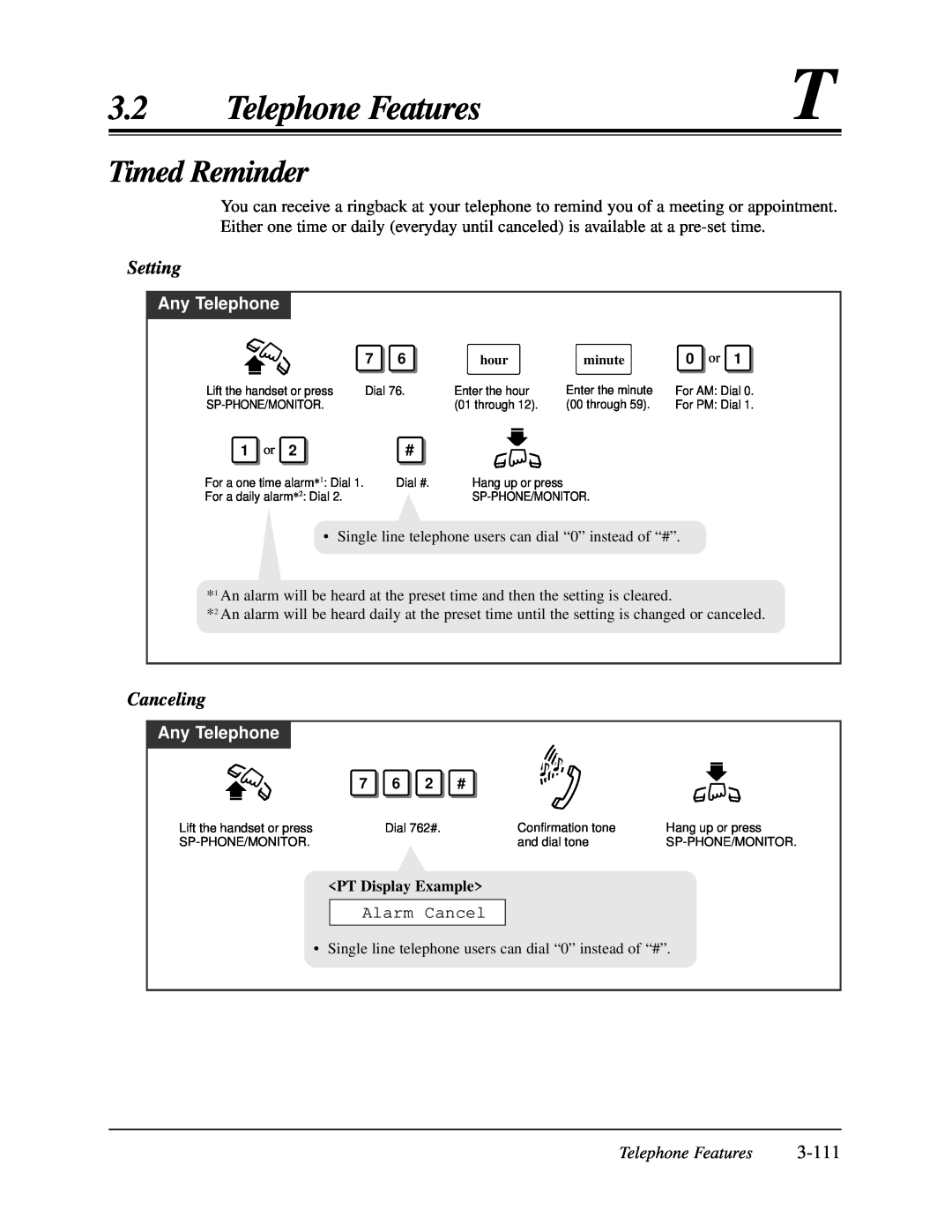 Panasonic KX-TA624 user manual Timed Reminder, 3-111, Telephone Features, Setting, Canceling, Any Telephone, 0 or, 1 or 