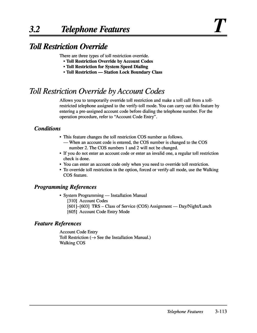 Panasonic KX-TA624 user manual Toll Restriction Override by Account Codes, 3-113, Telephone Features, Conditions 
