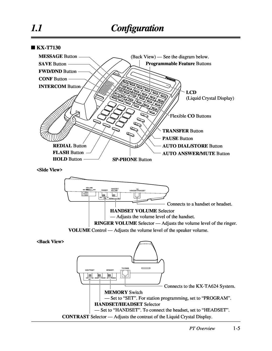Panasonic KX-TA624 user manual KX-T7130, 1.1Conﬁguration, PT Overview 