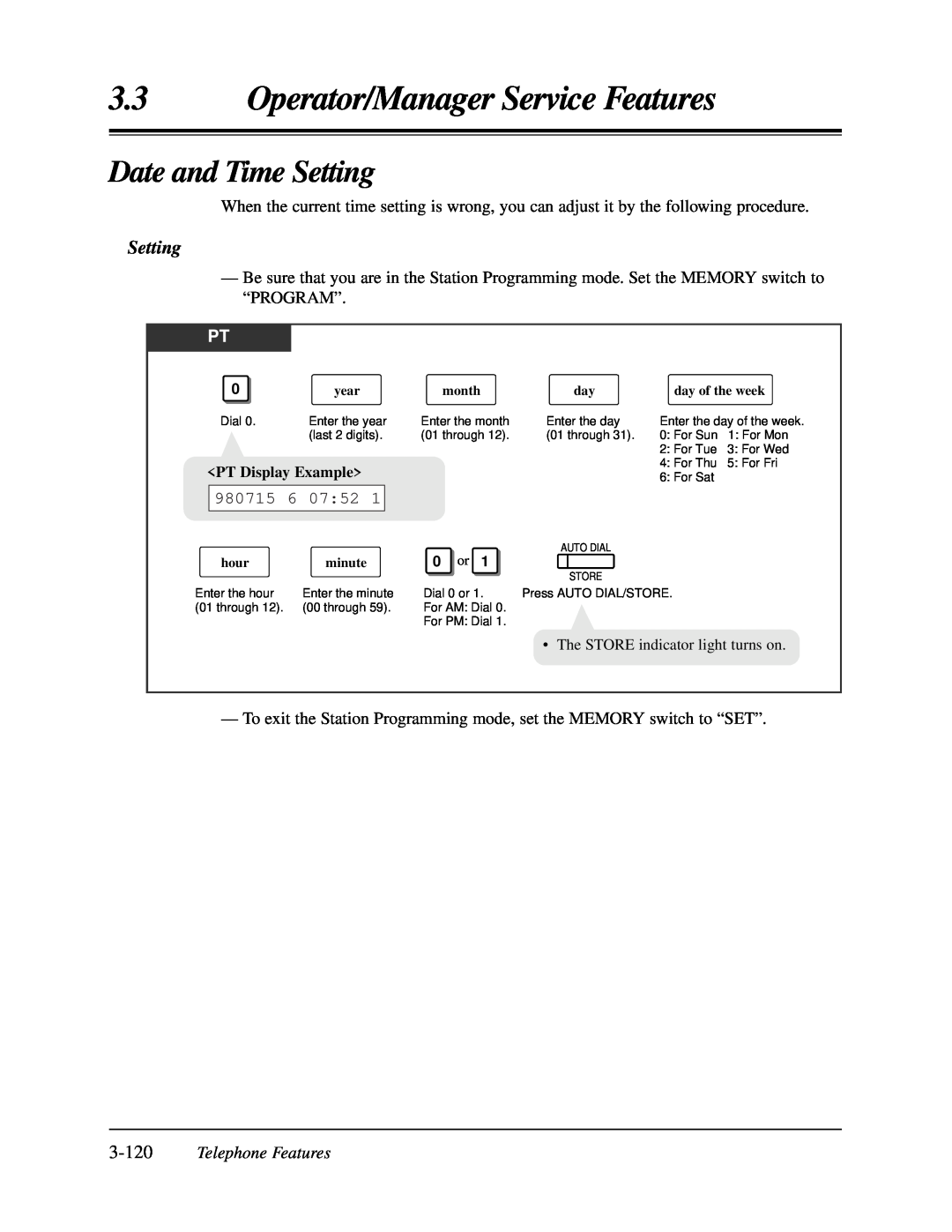 Panasonic KX-TA624 user manual Date and Time Setting, Operator/Manager Service Features, Telephone Features 