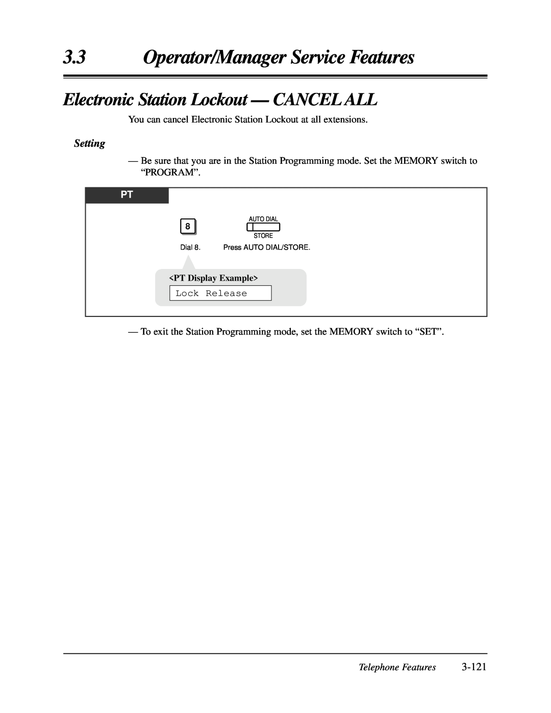 Panasonic KX-TA624 user manual Electronic Station Lockout — CANCEL ALL, 3-121, Operator/Manager Service Features, Setting 