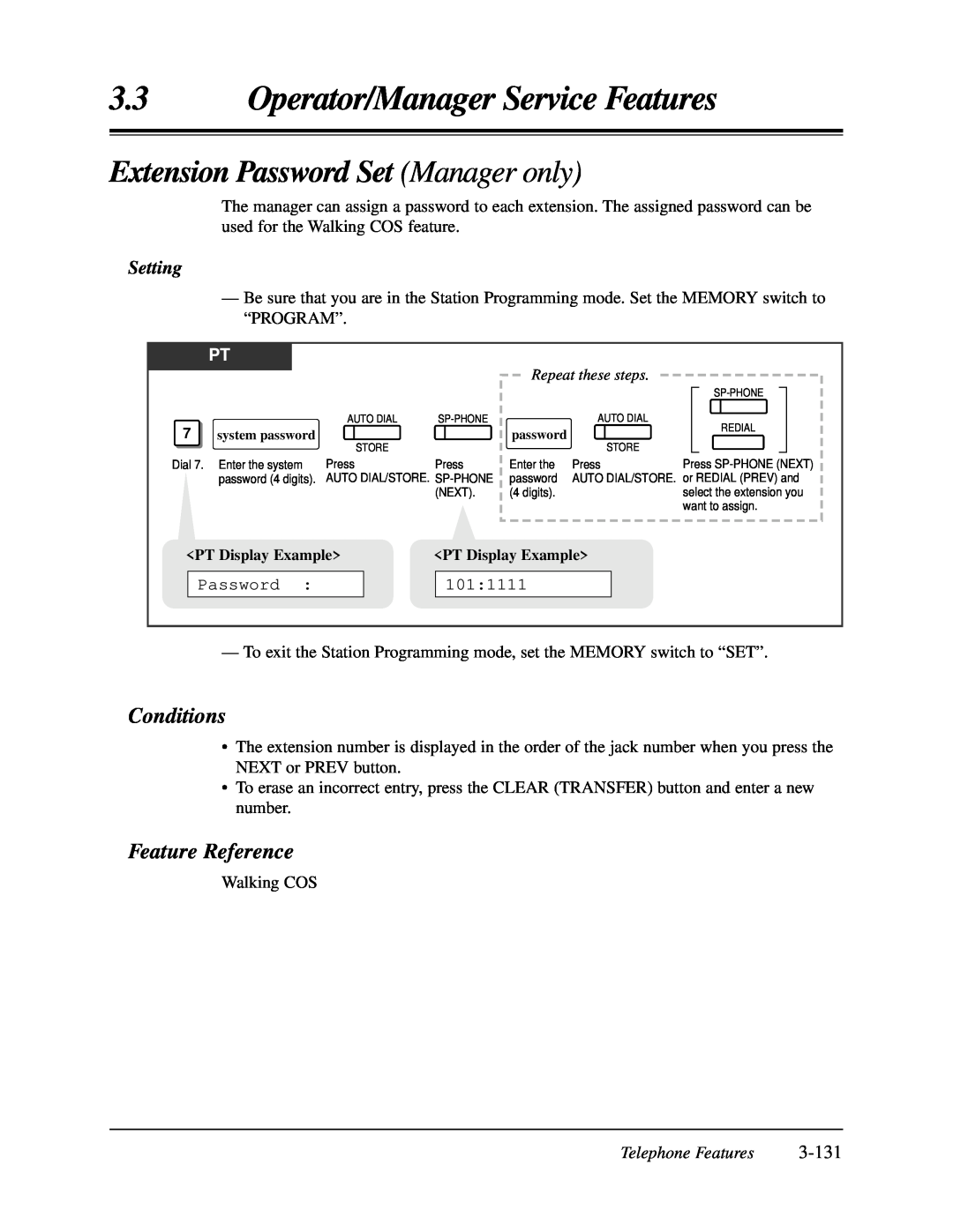 Panasonic KX-TA624 Extension Password Set Manager only, 3-131, Operator/Manager Service Features, Conditions, Setting 