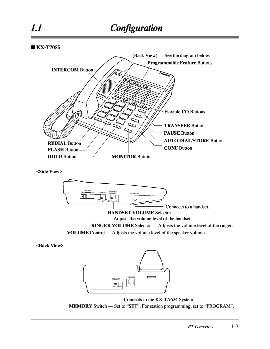Panasonic KX-TA624 user manual KX-T7055, 1.1Conﬁguration, PT Overview 