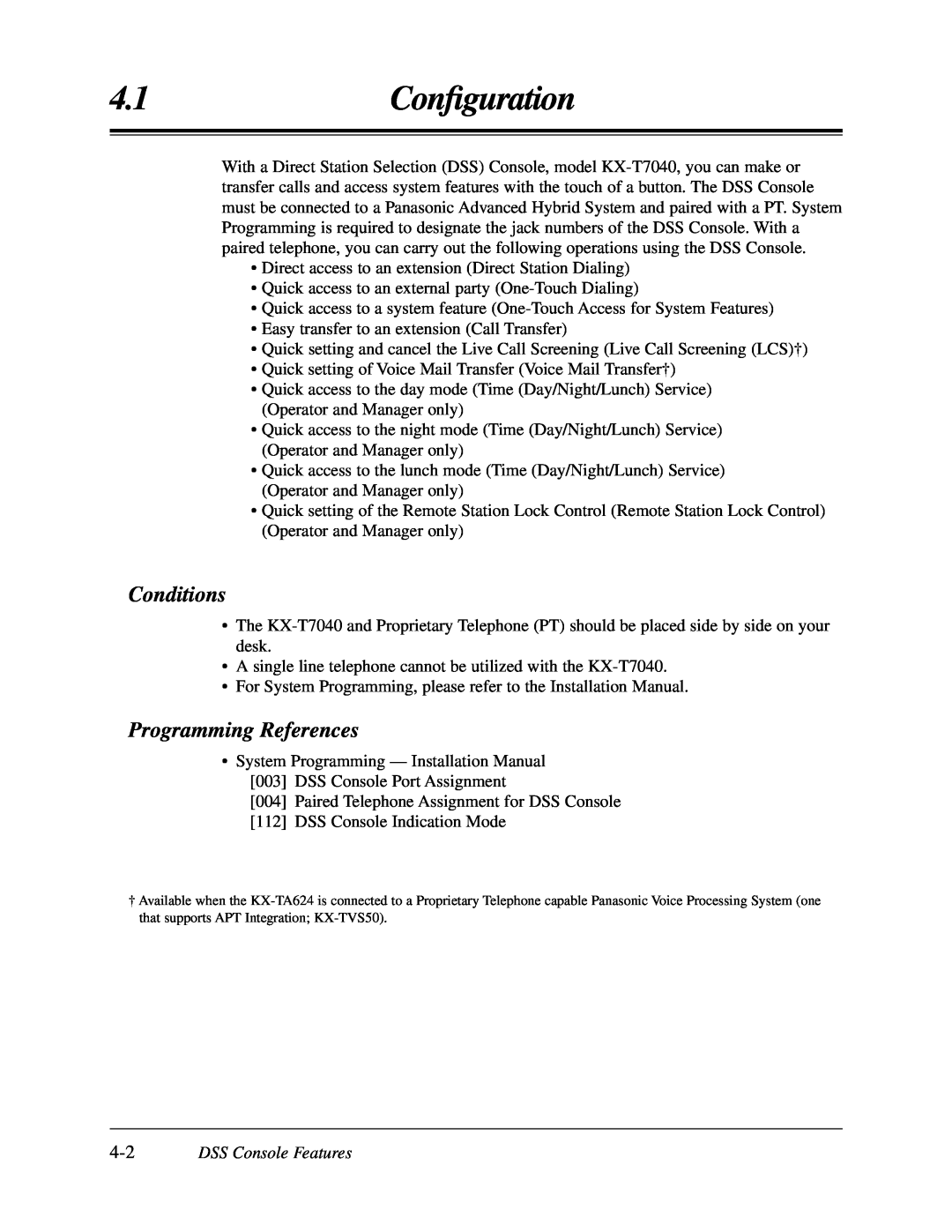 Panasonic KX-TA624 user manual 4.1Conﬁguration, Conditions, Programming References 