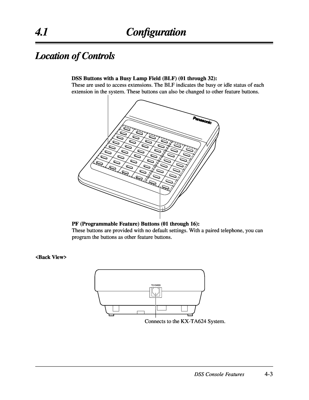 Panasonic KX-TA624 4.1Conﬁguration, Location of Controls, DSS Buttons with a Busy Lamp Field BLF 01 through, <Back View> 