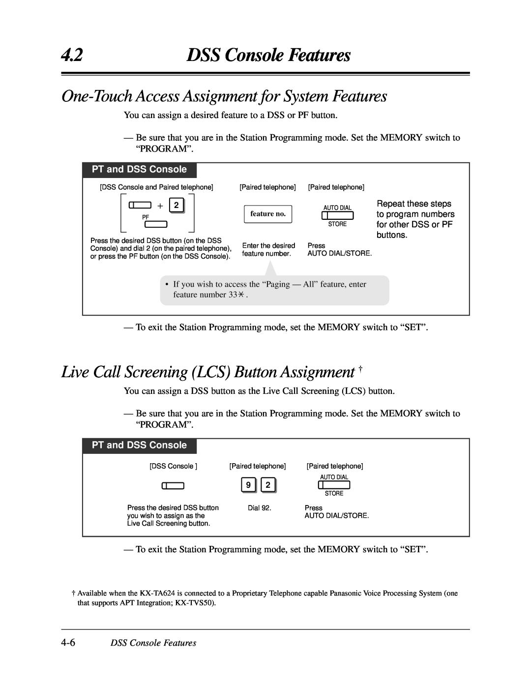 Panasonic KX-TA624 user manual One-TouchAccess Assignment for System Features, Live Call Screening LCS Button Assignment † 