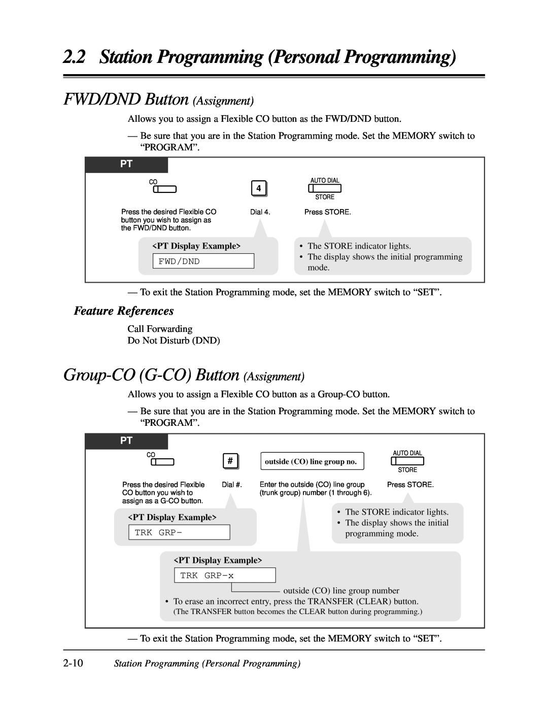 Panasonic KX-TA624 FWD/DND Button Assignment, Group-CO G-COButton Assignment, Station Programming Personal Programming 