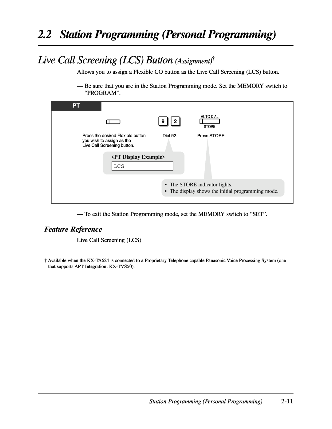 Panasonic KX-TA624 user manual Live Call Screening LCS Button Assignment†, 2-11, Station Programming Personal Programming 