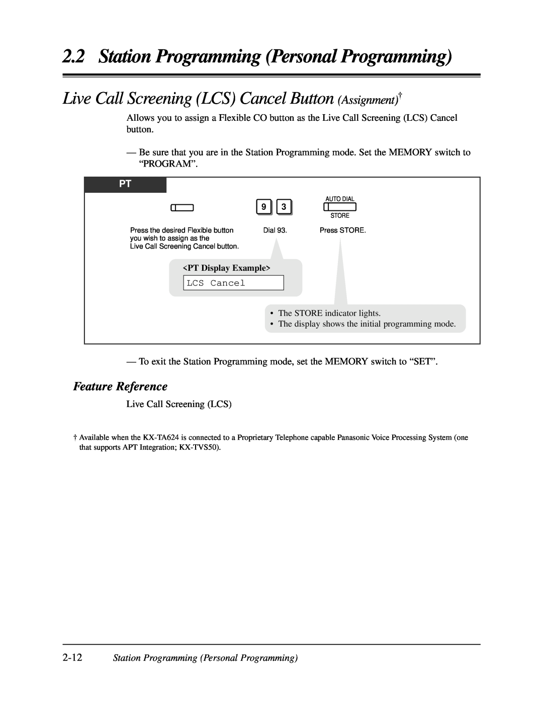 Panasonic KX-TA624 user manual Live Call Screening LCS Cancel Button Assignment†, Station Programming Personal Programming 