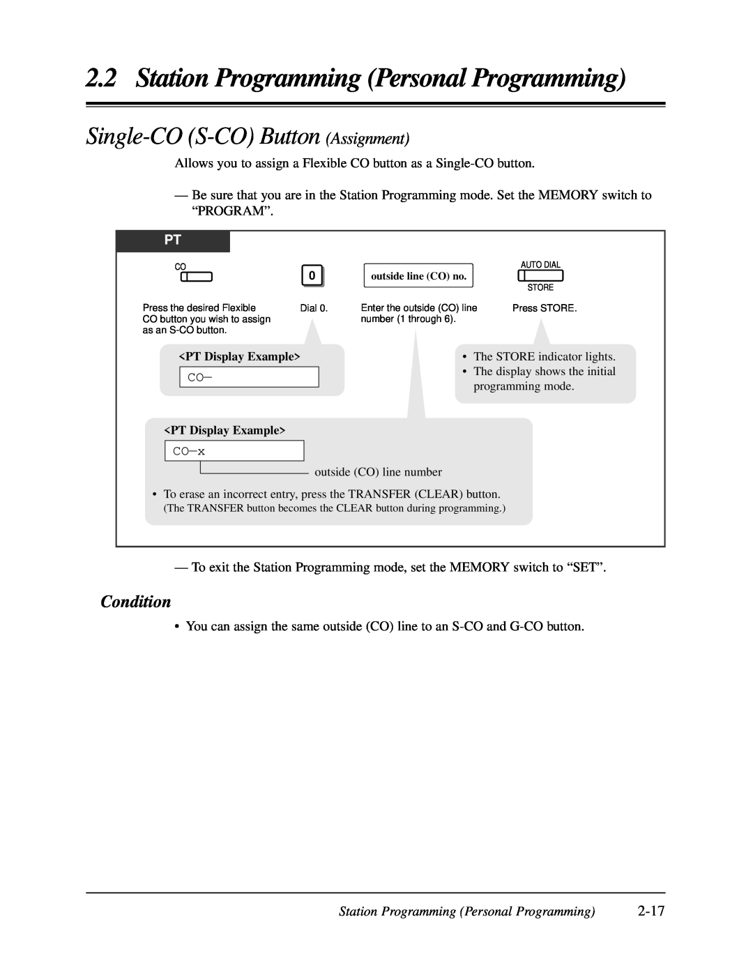 Panasonic KX-TA624 user manual Single-CO S-COButton Assignment, 2-17, Station Programming Personal Programming, Condition 