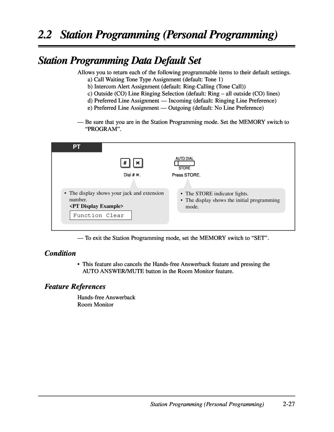 Panasonic KX-TA624 Station Programming Data Default Set, 2-27, Station Programming Personal Programming, Condition 