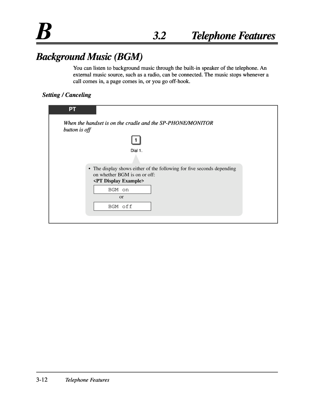 Panasonic KX-TA624 user manual Background Music BGM, Setting / Canceling, 3.2Telephone Features 