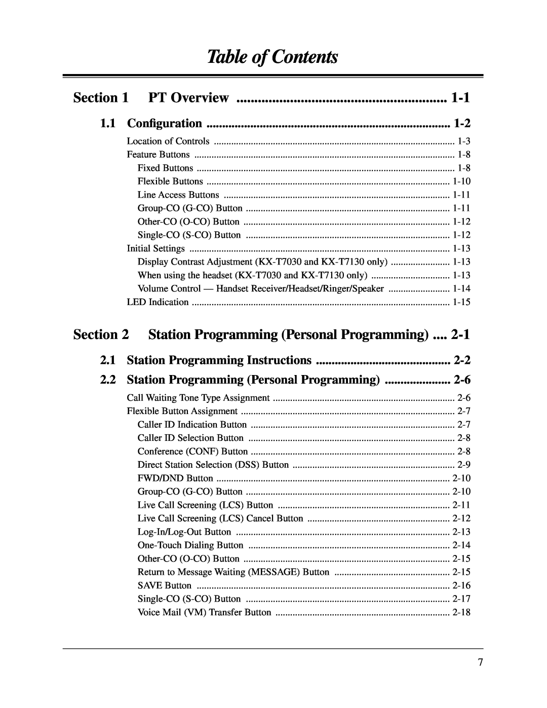 Panasonic KX-TA624 Table of Contents, Section, PT Overview, 1.1 Conﬁguration, Station Programming Personal Programming 