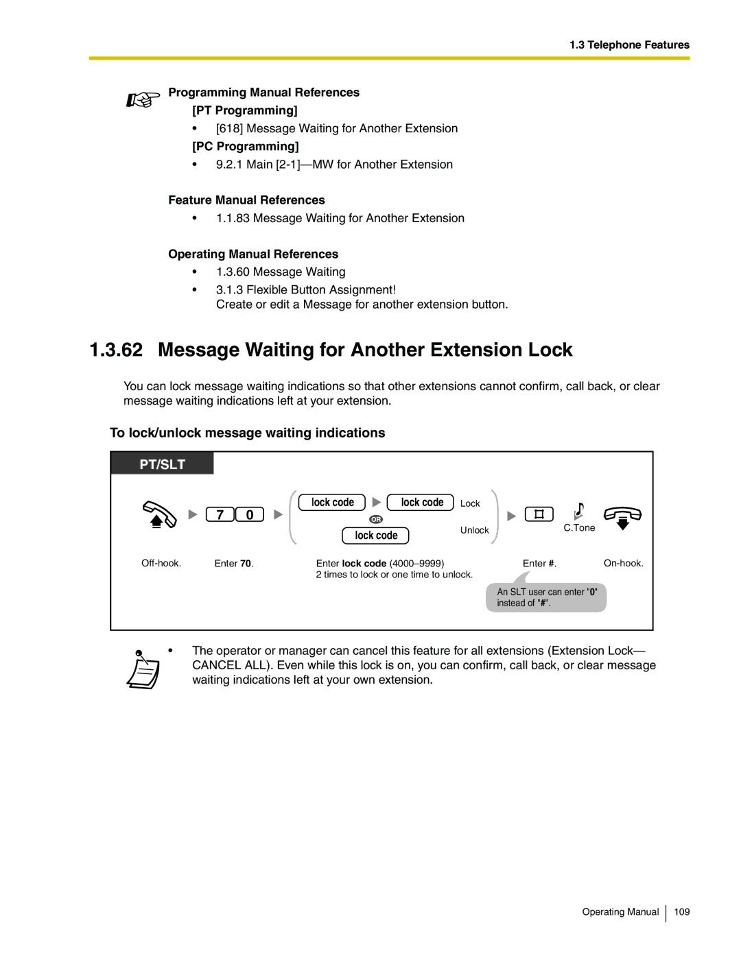 Panasonic KX-TA824 manual Message Waiting for Another Extension Lock, To lock/unlock message waiting indications 