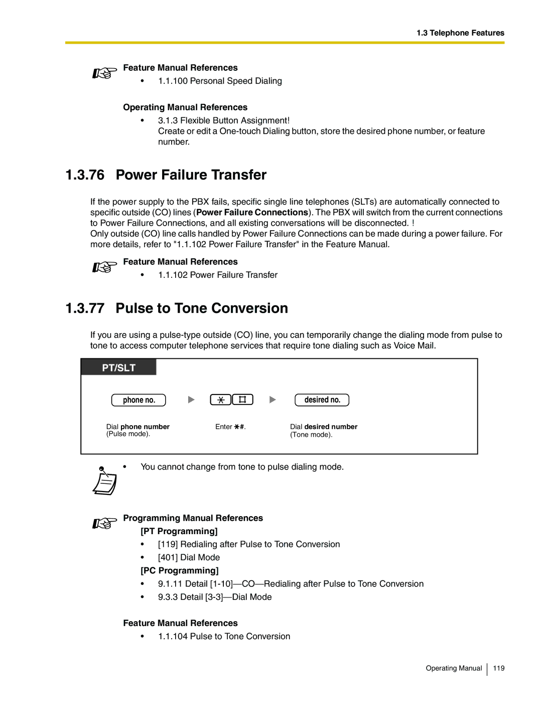 Panasonic KX-TA824 manual Power Failure Transfer, Pulse to Tone Conversion, Phone no Desired no 