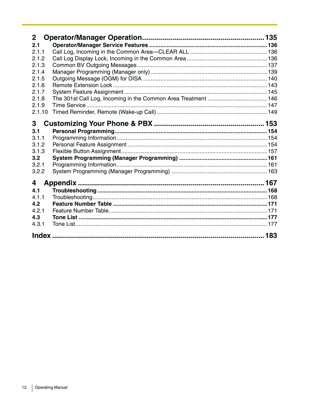 Panasonic KX-TA824 136, Personal Programming 154, System Programming Manager Programming 161, 168, 171, Tone List 177 