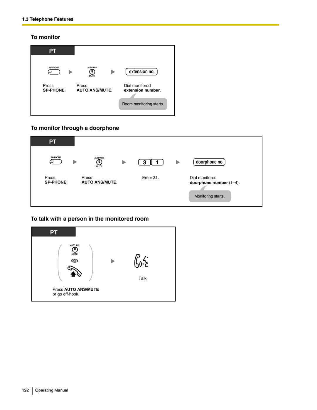Panasonic KX-TA824 manual To monitor through a doorphone, To talk with a person in the monitored room 