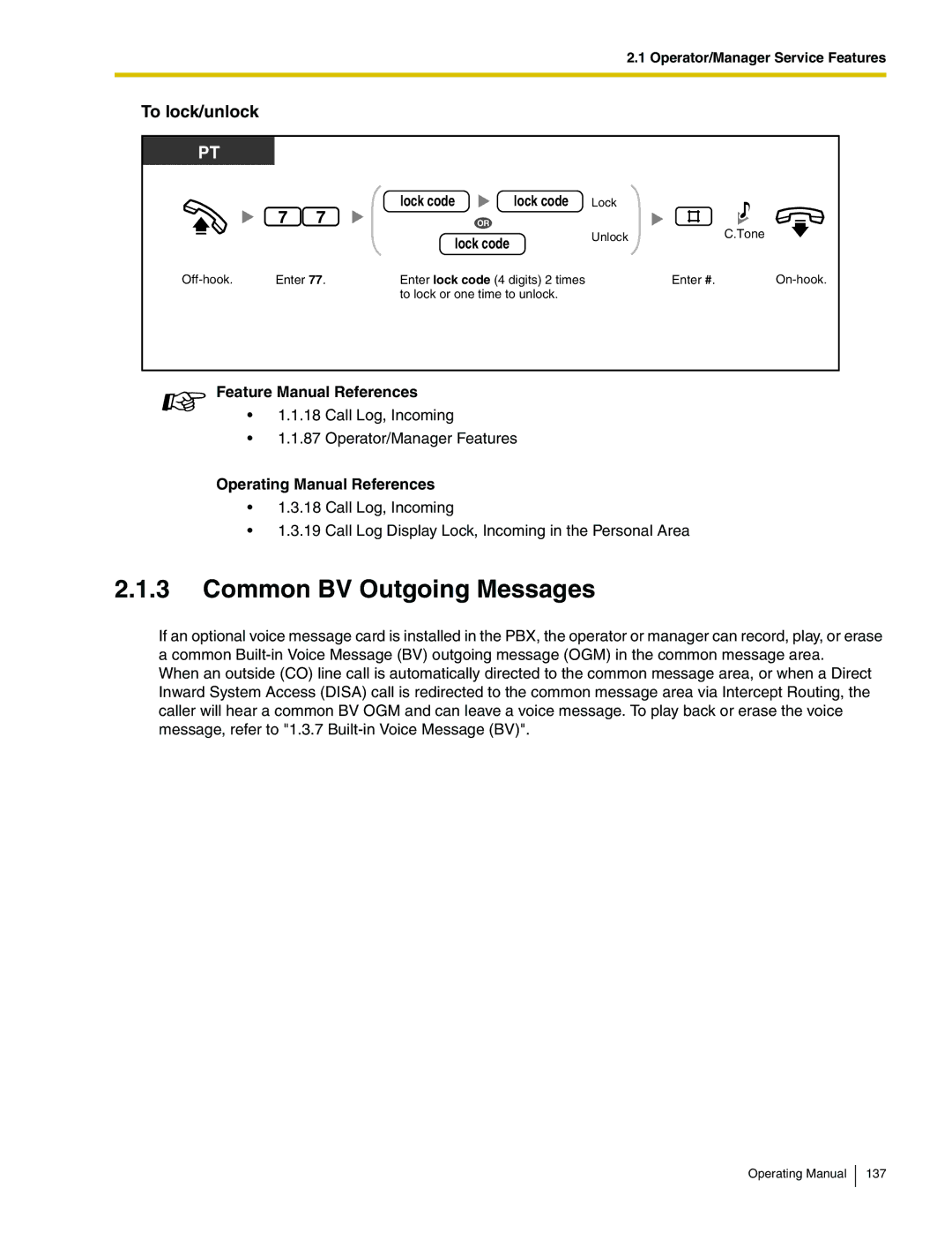 Panasonic KX-TA824 manual Common BV Outgoing Messages, To lock/unlock 